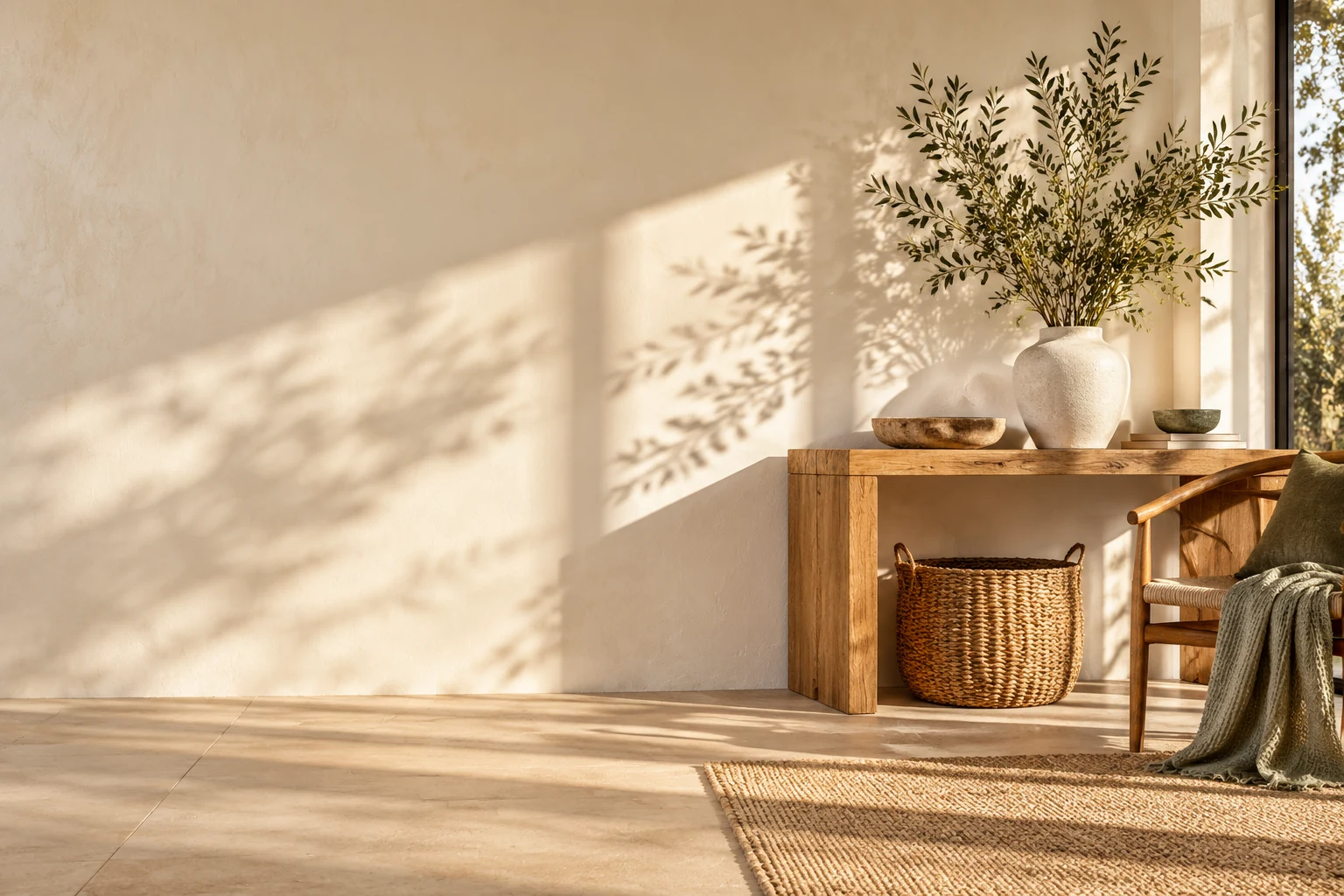 A sunlit home corner with natural wood, woven storage and soft sage textiles