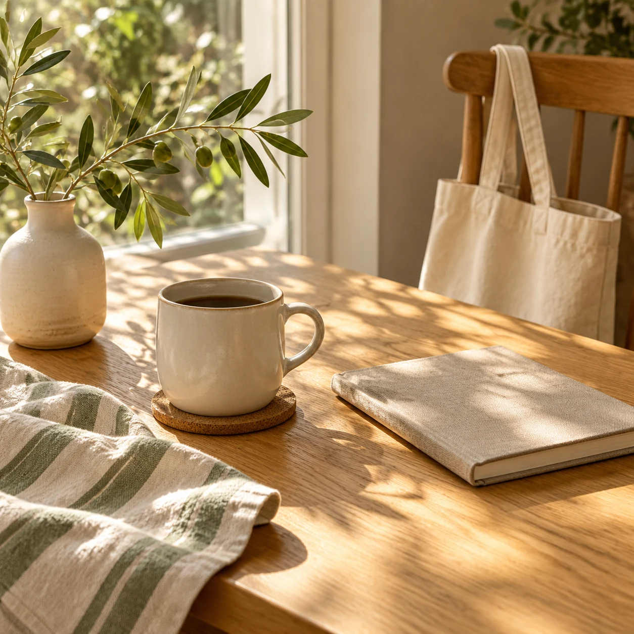 Thoughtful everyday objects on a warm oak table at home